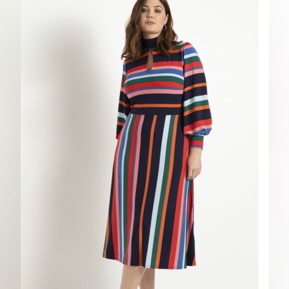 Eloquii A-line Dress with Puff Sleeves Rainbow Stripe 14 - Picture 1 of 11